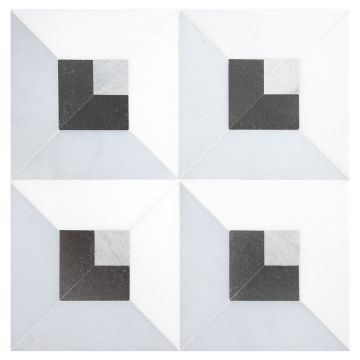 6" Fieldston Frame square mosaic in Thassos, Blue Caress and Basalt.