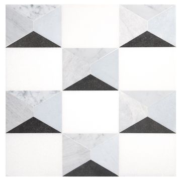 Bartondale mosaic tile in Thassos, Blue Caress, and carrara marble with basalt.