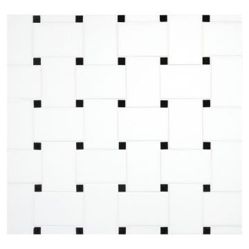 Basketweave mosaic in Crystallized Thassos Glass with Nero Marquina Dots.