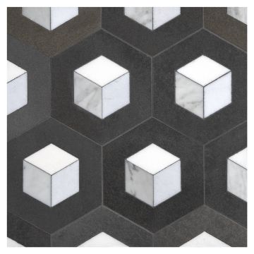 Celestial Cube Dusk mosaic in Basalt, Thassos, Blue Caress and Carrara marble.