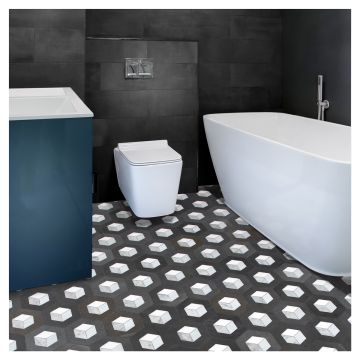 5" Celestial Cube Dusk | Basalt Honed - Thassos - Blue Caress Light - Carrara Scuro Select - Polished | Visual Dimensions Marble Mosaic