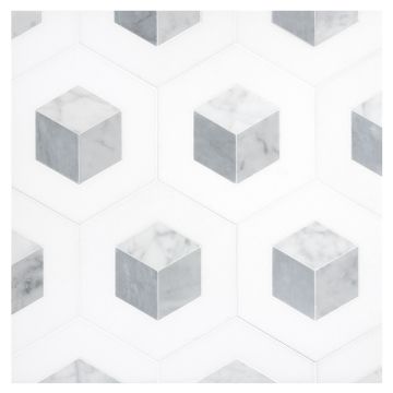 Celestial Cube Dawn mosaic in Thassos, Carrara, and Bardiglio marble. 