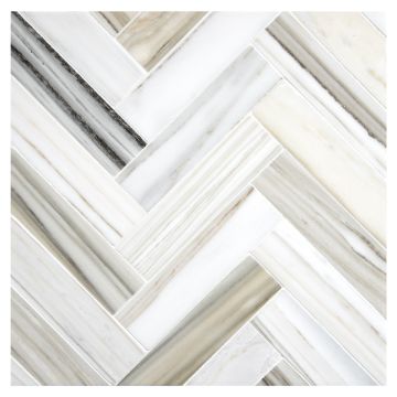 1-1/2" x 6" Herringbone mosaic in polished Linear Gold marble.