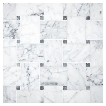 Buff Basketweave mosaic tile in honed Statuary and Mugwort Gray marble.