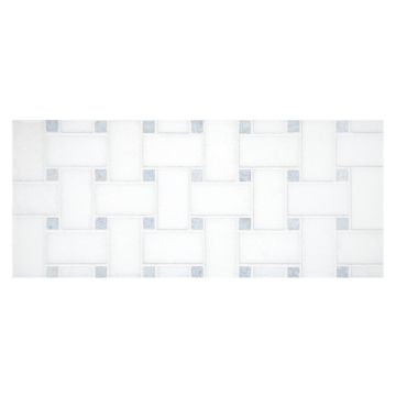 Basketweave mosaic tile in polished Thassos marble with Blue Celeste dots.