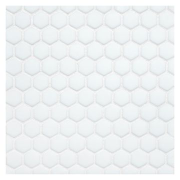 5/8" Mini hexagon glass mosaic in White with a matte finish.