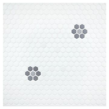 Flower Power glass mosaic in White, Light Gray and Medium Gray with a matte finish.