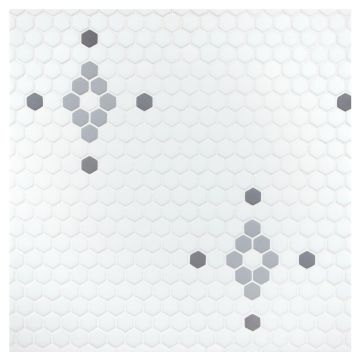Salsito glass mosaic in White, Light Gray and Medium Gray with a matte finish.