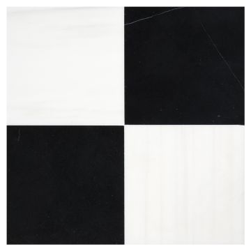 Checkered tile pattern in White Whisp Dolomiti and Nero Marquina marble.