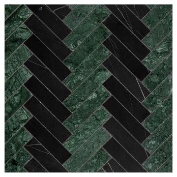 1" x 4" Herringbone Paired stone mosaic in Nero Marquina and Empress Green honed marble.