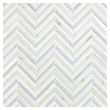 1/4" x 2-7/8" HerringStone | White Whisp Dolomiti Honed - Blue Caress Light & Calacatta Gold - Polished | Marble Mosaic Tile