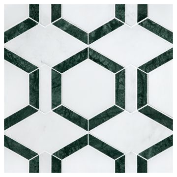 Hexton |Empress Green - White Blossom - Iceland White -Honed | Unique Mosaic Tile - Marble