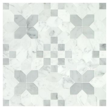 Lucerne mosaic in honed Carrara Claro Light and Carrara Scuro Select marble.