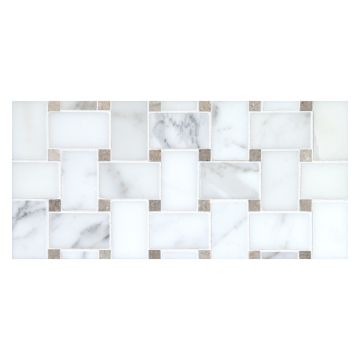 Basketweave mosaic in polished Calacatta marble with Oceanus Green dot.