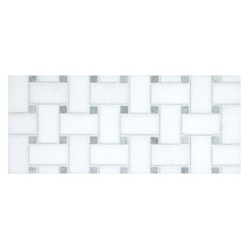 Basketweave mosaic tile in polished Thassos marble with Ming Green dots.