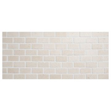 5/8" x 1-1/4" Brick mosaic tile in honed Crema Macon limestone.