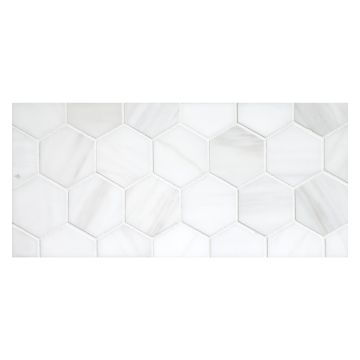 2" hexagon mosaic tile in polished White Whisp Dolomiti marble.