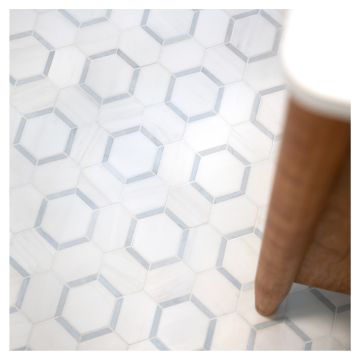 3" Reflectagon | White Whisp Dolomiti Honed - Blue Caress Light Polished | Unique Mosaic Tile - Marble