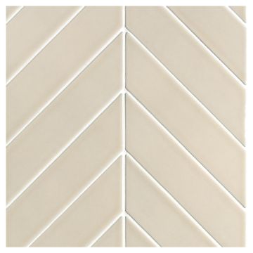 The Sazon ceramic 2" x 8" Chevron mosaic in Greige with a gloss finish.