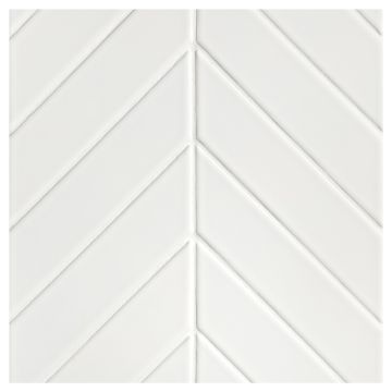 The Sazon ceramic 2" x 8" Chevron mosaic in Montpak White with a gloss finish.