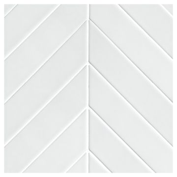 The Sazon ceramic 2" x 8" Chevron mosaic in Blue-Grey with a gloss finish.