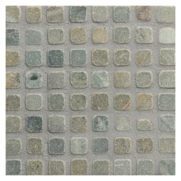 5/8" square mosaic tile in tumbled Green Fantasia and Green Royal Blue marble.
