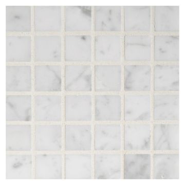 3/4" square mosaic in polished bianco carrara marble.