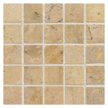 1" square mosaic tile in honed Roullien Royal limestone.