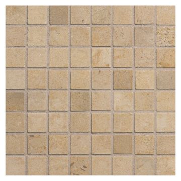 5/8" square mosaic tile in honed Castelo Gold limestone.