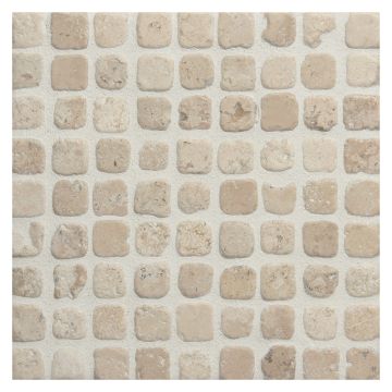 5/8" square mosaic tile in tumbled Aztec travertine.