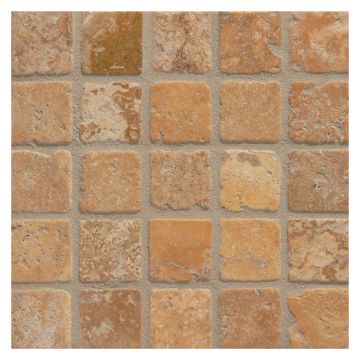 1" square mosaic tile in tumbled Golden Antique travertine.