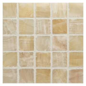 1" square mosaic tile in polished Miele De Oro Light onyx.