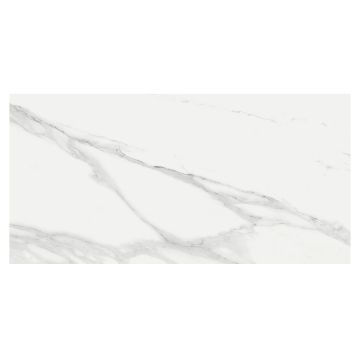 TeMarmo 12" x 24" Rectified Porcelain Tile in Statuary Angelo with a lappato polished finish.