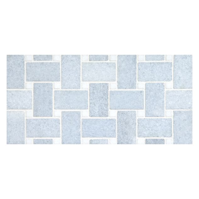 Basketweave mosaic in polished Blue Celeste marble with Thassos dot.
