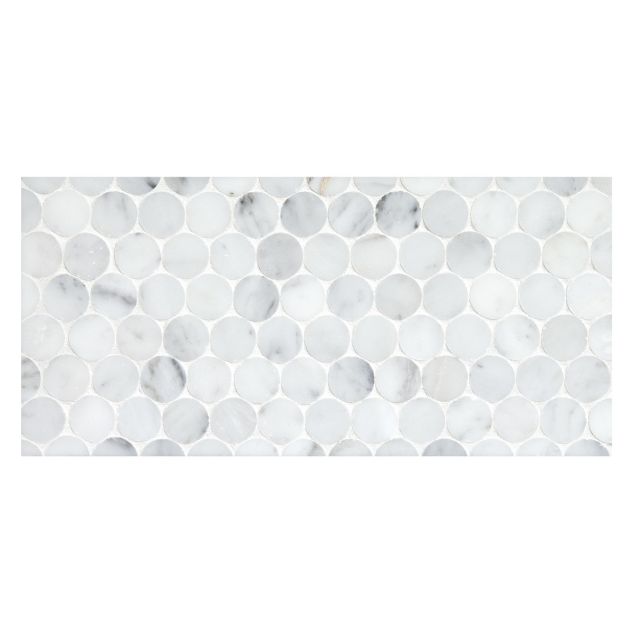 1" penny round mosaic tile in honed Carrara Claro Premium marble.