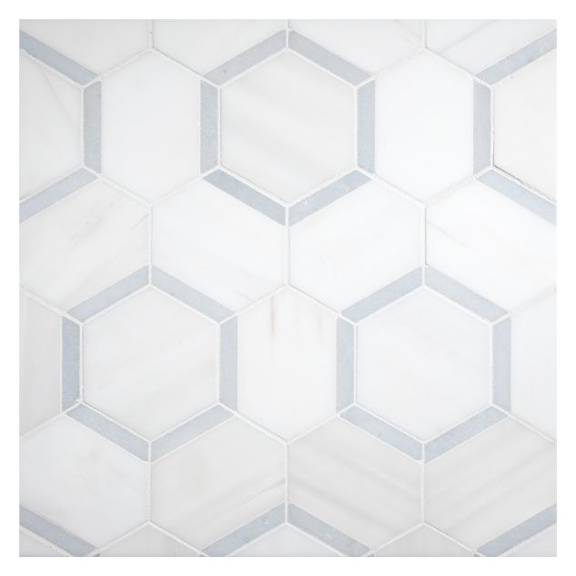 Reflectagon mosaic tile in White Whisp Dolomiti and Blue Caress Light marble.