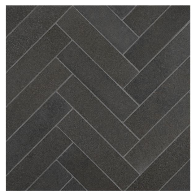 1-1/2" x 6" Herringbone mosaic in honed Deep Basalt.