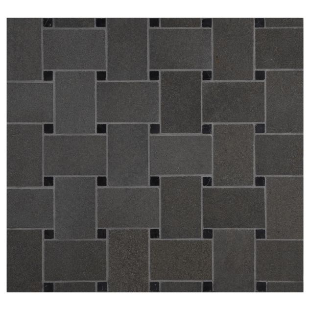 Basketweave mosaic in honed Deep Basalt with Nero Marquina dots. 