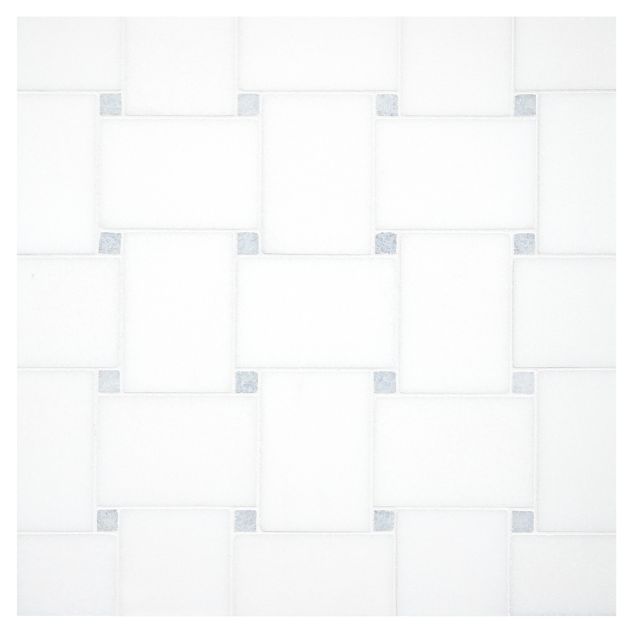 Buff Basketweave mosaic tile in polished Thassos and Blue Celeste marble.