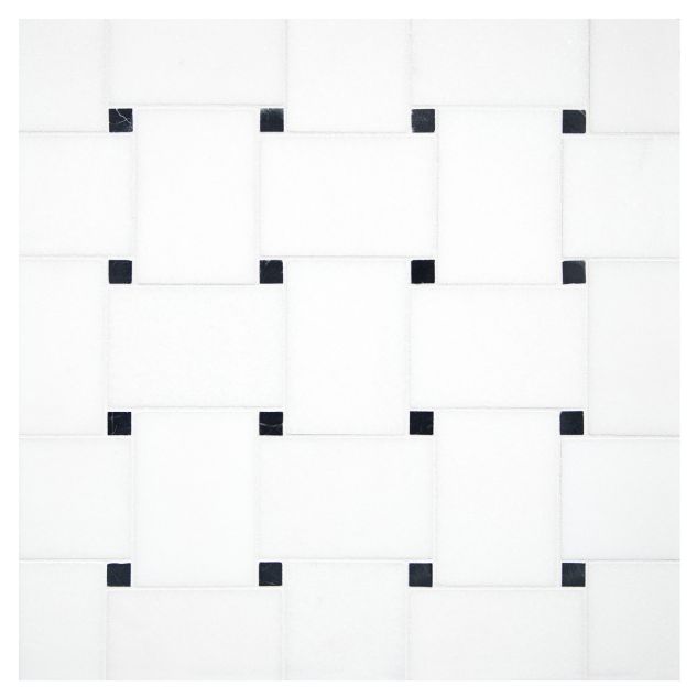 Buff Basketweave mosaic tile in honed Thassos and Nero Marquina marble.