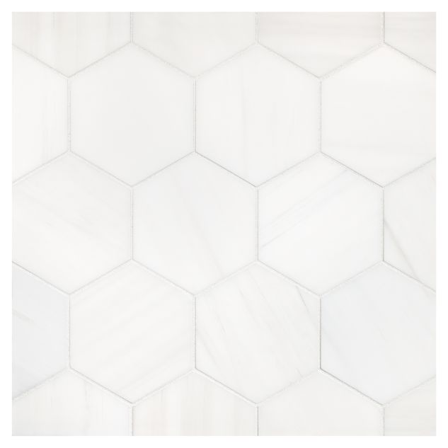 3-1/2" Hexagon mosaic tile in honed Dolomiti marble.
