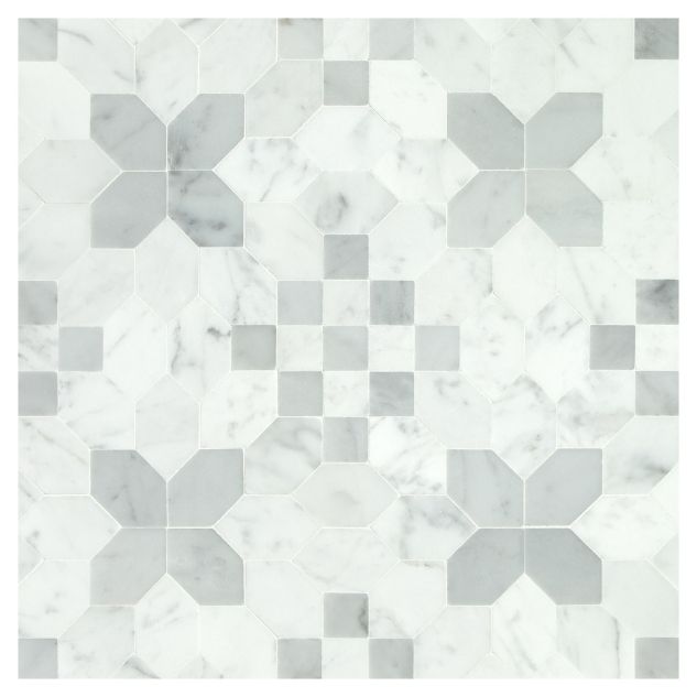 The Lucerne marble mosaic made from honed Carrara Claro Light and Carrara Scuro Select marble.