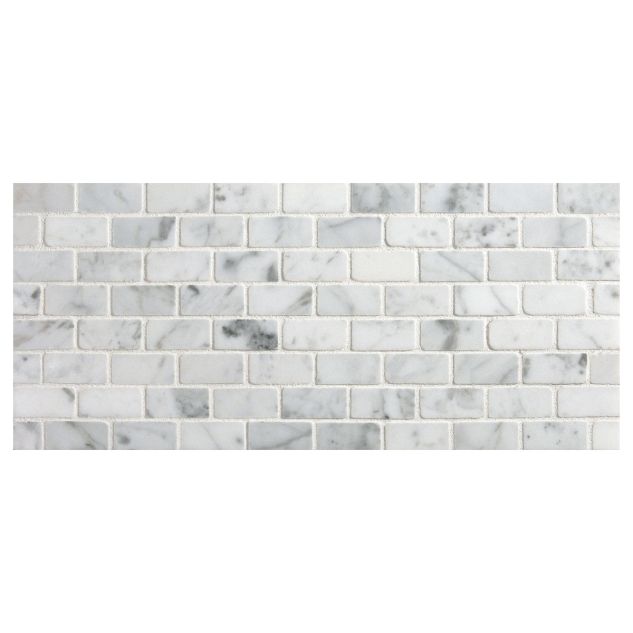 5/8" x 1-1/4" Offset Brick mosaic in polished White Carrara marble.