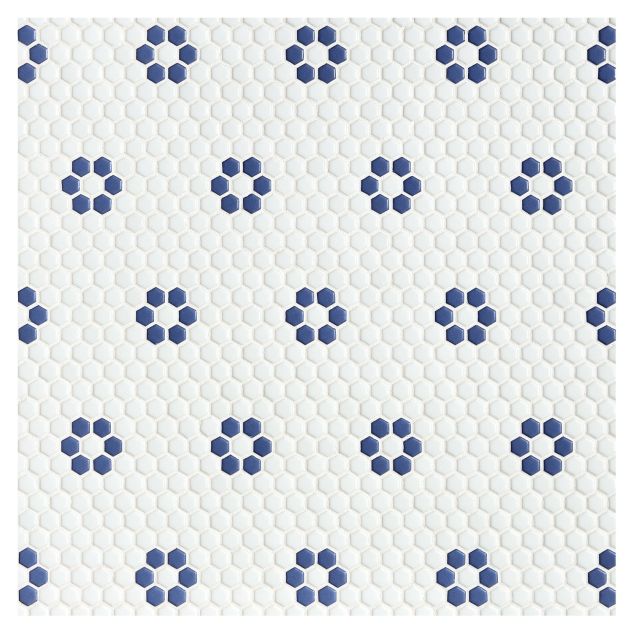Petite Flower Power | White & Deep Blue - Satin | Eco Design Glass Mosaics