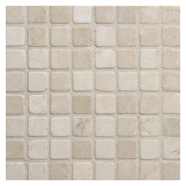 5/8" square mosaic tile in tumbled Botticino marble.