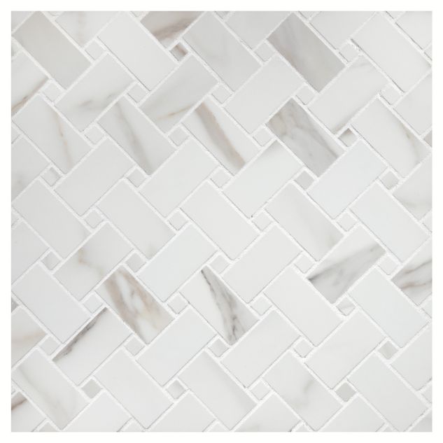 Basketweave porcelain mosaic in natural finished Calacatta Oro color.