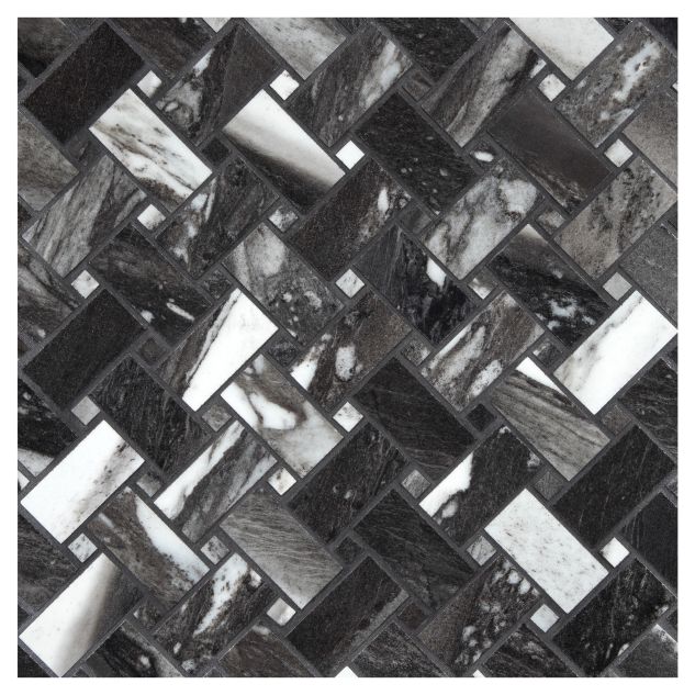 Basketweave porcelain mosaic in natural finished Calacattaren color.