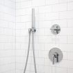 Shower wall installation of the 3" x 6" Ultra Flat Subway Tile with Grey Grout.