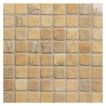 5/8" square mosaic tile in tumbled Umberi Gold travertine.