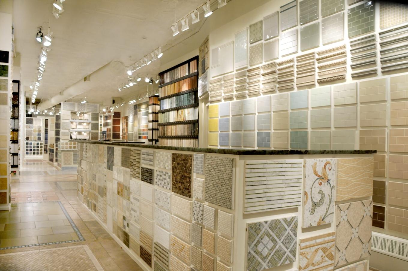 The entrance to the Complete Tile Collection NYC showroom, featuring the Vermeere Ceramic displays and many timeless mosaic patterns.